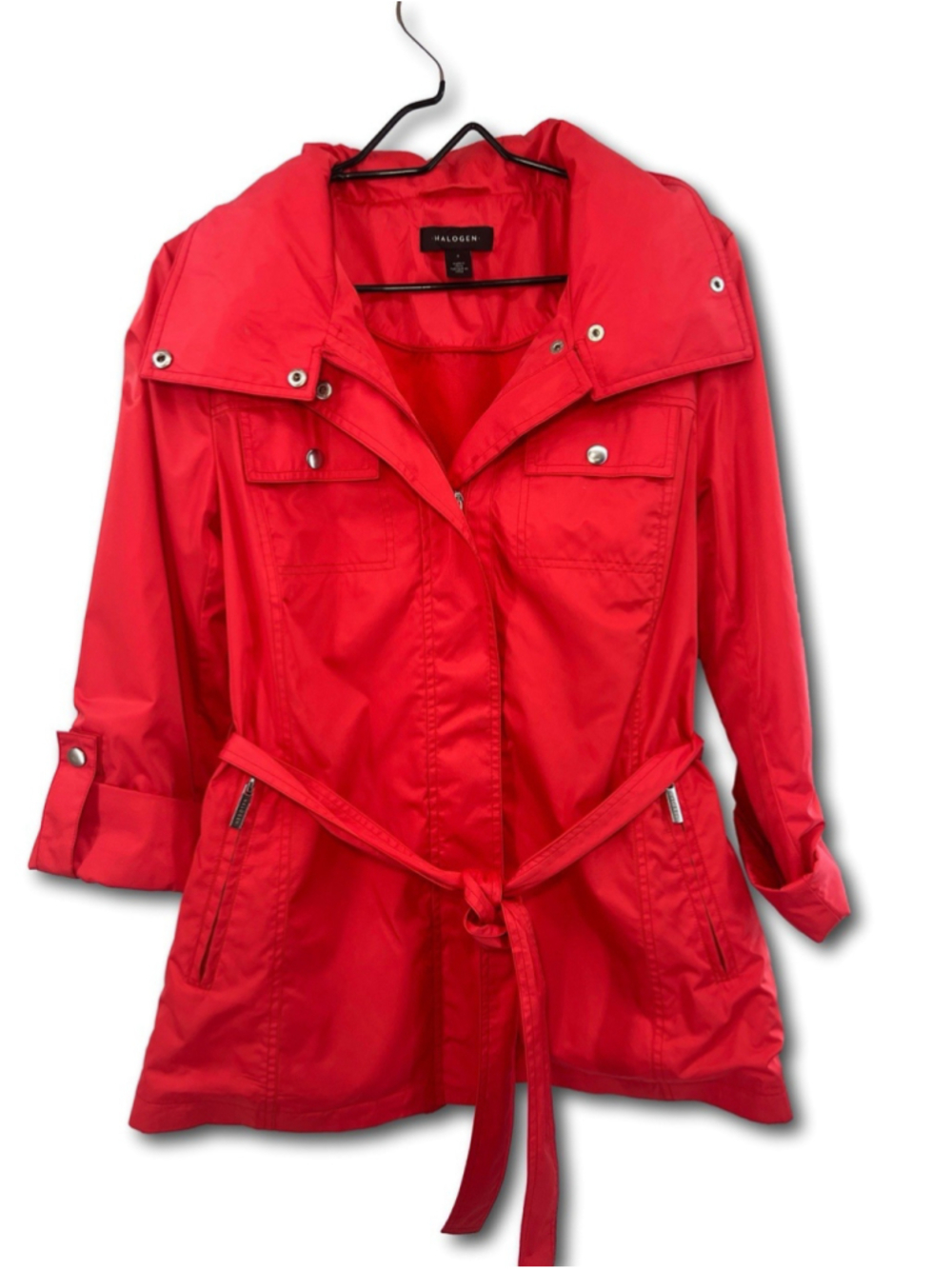 Halogen Jacket Coat Red Windbreaker Tab Sleeve Belt Women’s Small Workwear
